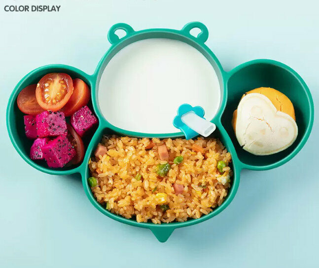 Hotly recommended baby training tableware set [vegetable green] bee plate + straw]