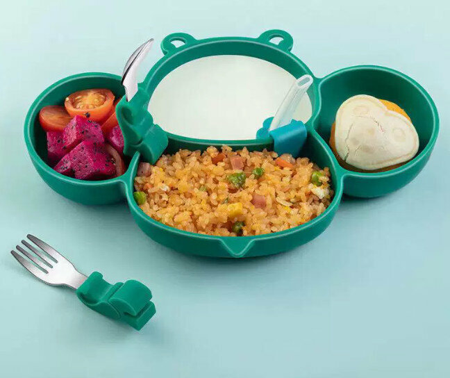 Hot recommended baby training tableware set [vegetable green] bee plate + straw + stainless steel fork and spoon]