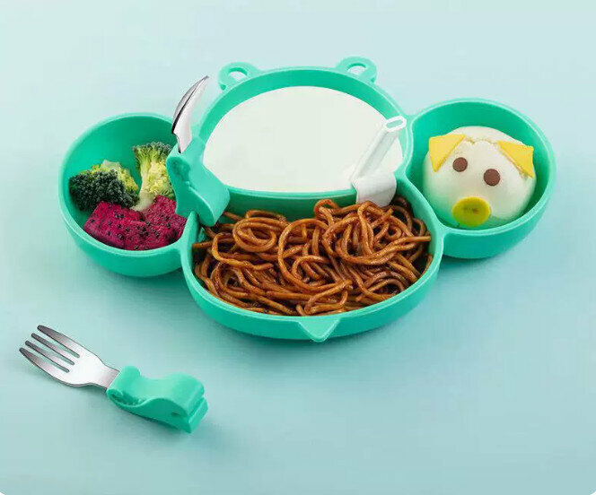 Hot recommended baby training tableware set [jewel green] bee plate + straw + stainless steel fork and spoon]