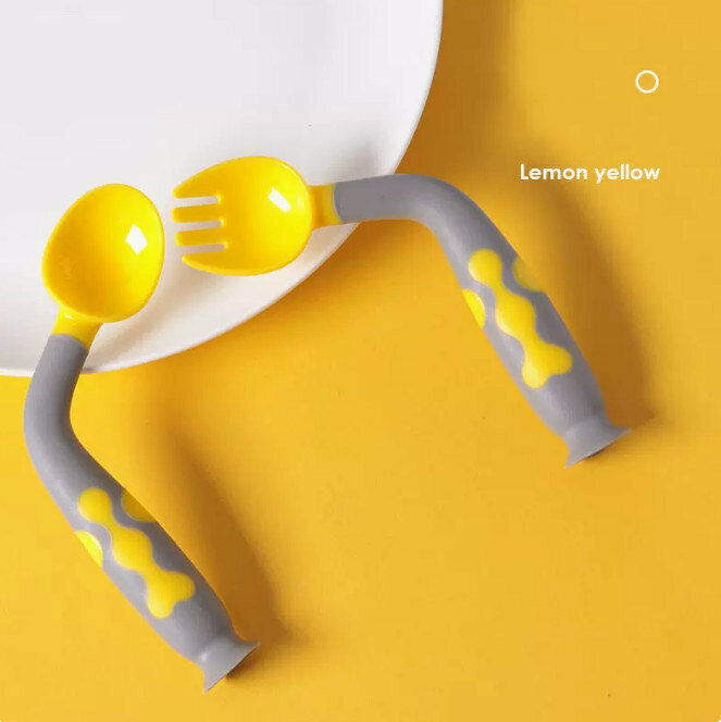Hot push curved fork and spoon set (lemon yellow)