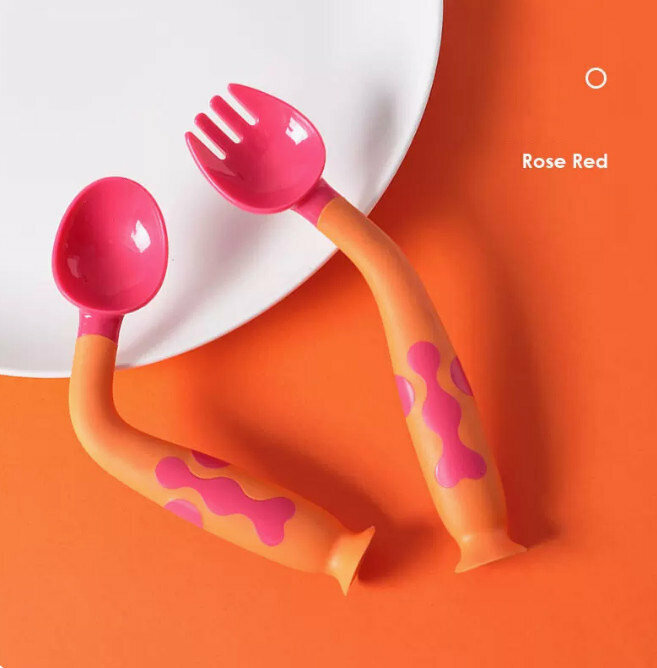 Hot push curved fork and spoon set (rose red)