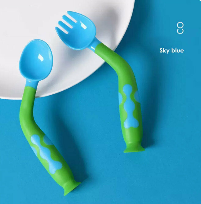 Hot push curved fork and spoon set (sky blue)