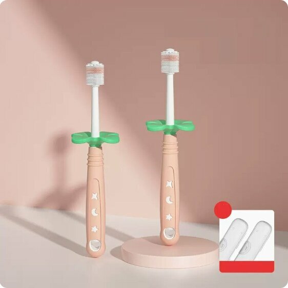 熱推（2支裝）360度寶寶軟毛牙刷（海棠粉*2）（含收納盒*2）