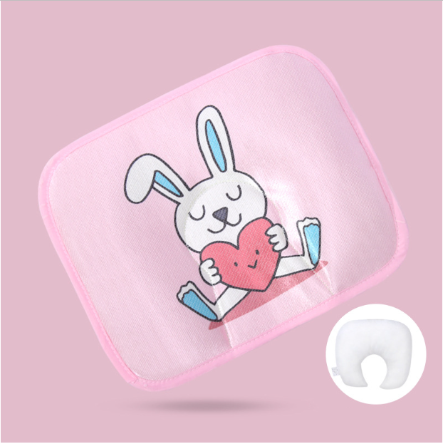 Popular baby pillow buckwheat ice silk molded sweat-absorbent and breathable (pink love rabbit + bile core)
