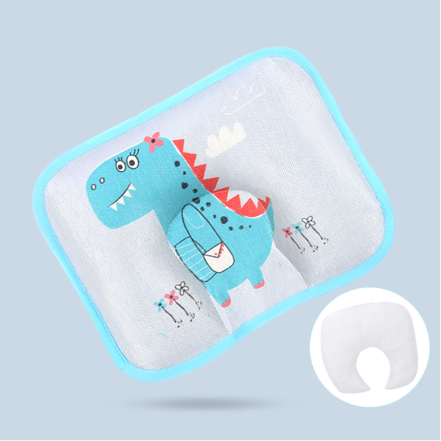 Popular baby pillow buckwheat ice silk shaped, sweat-absorbent and breathable (blue dinosaur + bile core) (size: 28cm*20cm)