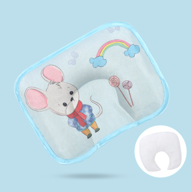 Popular baby pillow buckwheat ice silk shaped, sweat-absorbent and breathable (blue smart mouse + bile core) (size: 28cm*20cm)