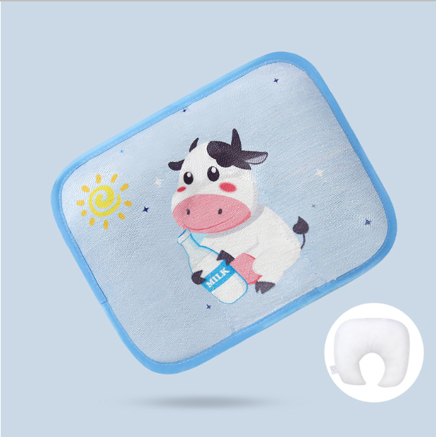 Popular baby pillow buckwheat ice silk shaped, sweat-absorbent and breathable (blue cartoon cow + bile core) (size: 28cm*20cm)