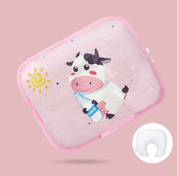 Popular baby pillow buckwheat ice silk shaped, sweat-absorbent and breathable (pink cow + bile core) (size: 28cm*20cm)