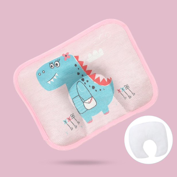Popular baby pillow buckwheat ice silk shaped, sweat-absorbent and breathable (pink dinosaur + bile core) (size: 28cm*20cm)