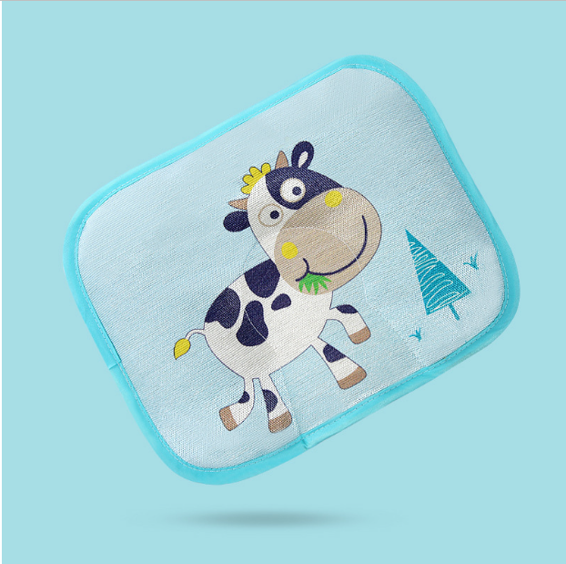Popular baby pillow buckwheat ice silk shaped, sweat-absorbent and breathable (blue cartoon cow without bile core) (size: 28cm*20cm)