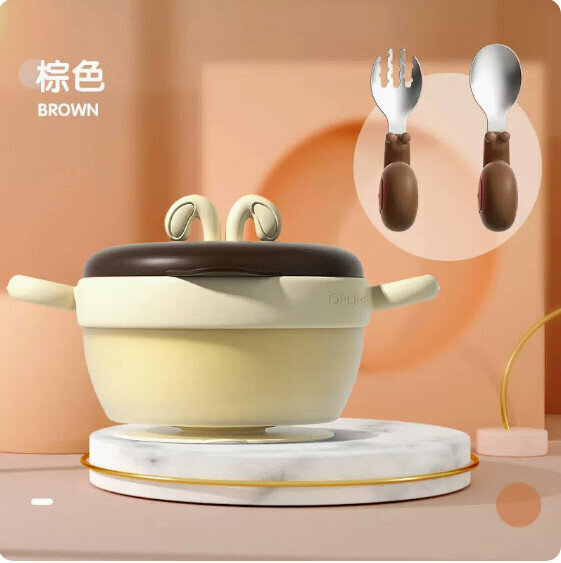 Hot selling baby food insulated bowl and tableware set (brown + spoon 2-piece set)