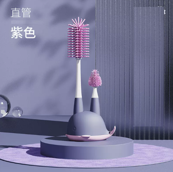 熱賣矽膠奶瓶刷 清洗刷 清潔刷套裝（紫色[直柄4件套+底座]）
