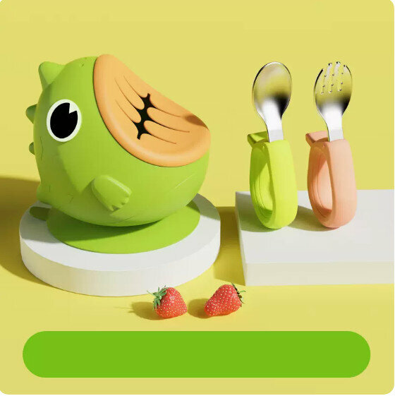 Hot selling anti-fall and anti-scald children's silicone tableware set (green grass + green powder training spoon and fork)