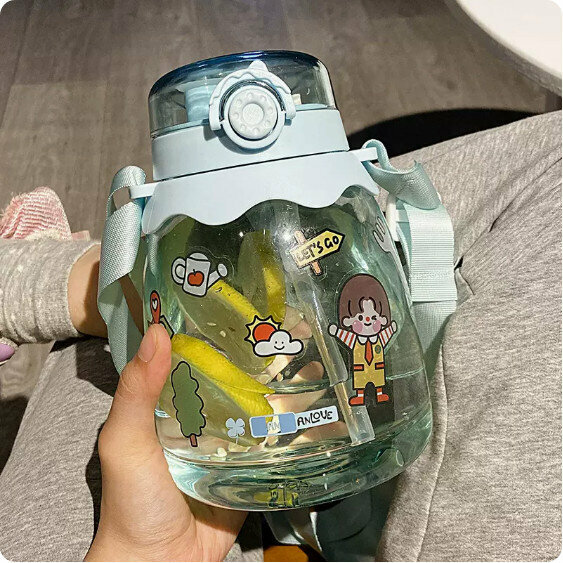 Hot selling summer 1350ml large capacity kettle with straw (blue [straw + direct drinking] + sticker)