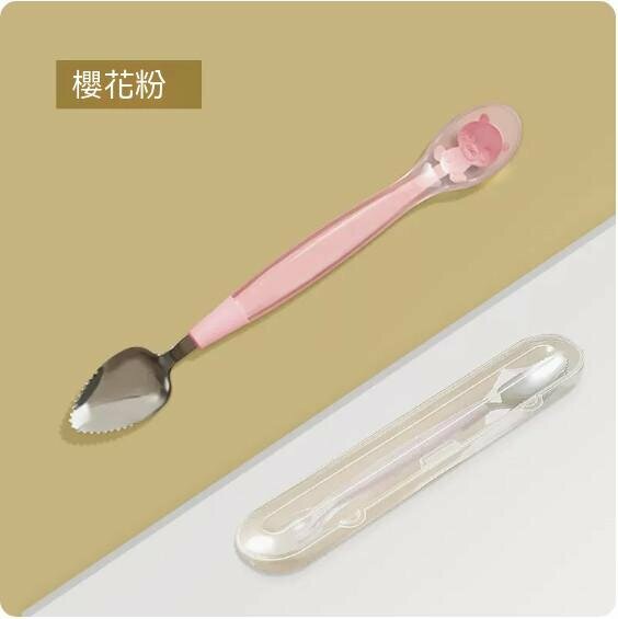 熱賣雙頭/一刮一喂316材質寶寶餐具水果刮泥勺（櫻花粉+收納盒）