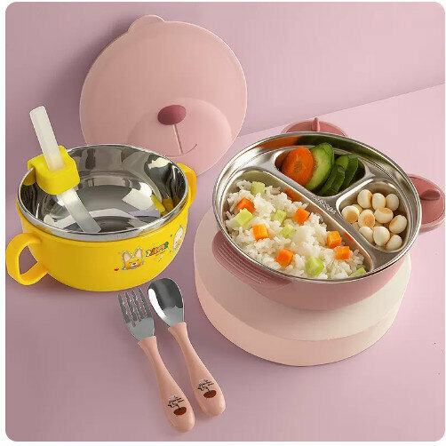 爆款嬰兒輔食餐具套裝（（4件套）粉小熊餐盤+不鏽鋼勺叉+輔食碗+喝湯吸管）