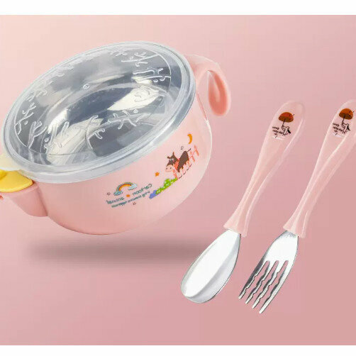 爆款嬰兒輔食餐具套裝（（3件套）粉保溫碗+吸盤+粉不鏽鋼勺叉）