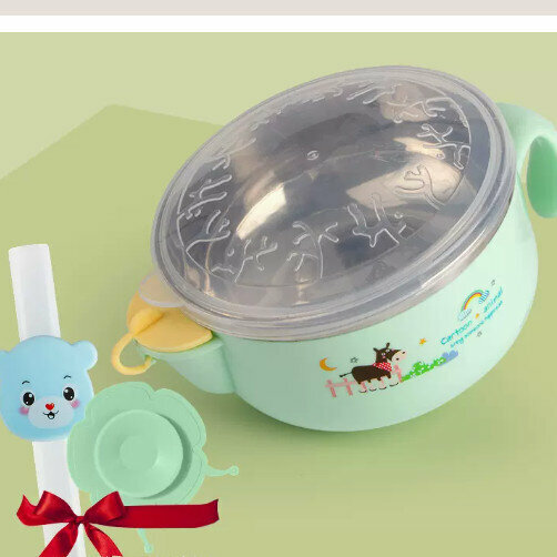 爆款嬰兒輔食餐具套裝（（3件套）綠保溫碗+吸盤+藍小熊吸管）