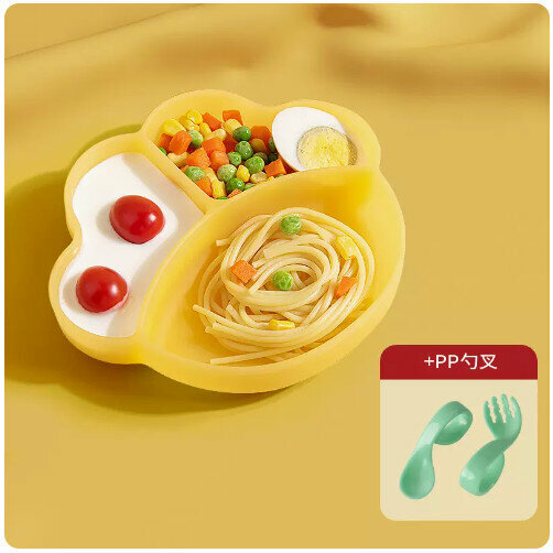 爆款嬰兒輔食餐具套裝（（2件套）果凍黃【強力吸盤 打不翻】+PP勺叉）