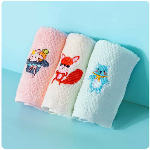 爆款【3條裝】嬰兒洗臉小方巾（粉色草帽+乳白狐狸+綠色小熊【50*25cm】）