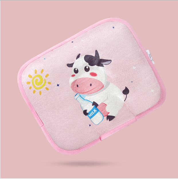 Popular baby pillow buckwheat ice silk shaped, sweat-absorbent and breathable (pink cow without bile core) (size: 28cm*20cm)
