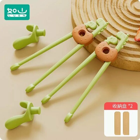 New style (pack of 2 pairs) Dinosaur Tiger Mouth Chopsticks (including 2 storage boxes) (Cardy Green + Cady Green)