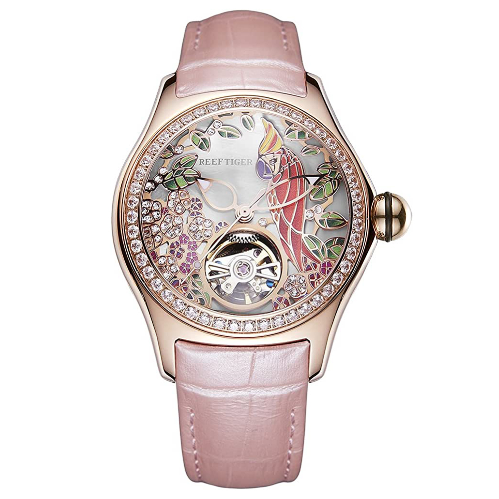 【REEF TIGER 瑞夫泰格】Aurora極光系列 RGA7105 晶鑽錶圈 鸚鵡浮雕錶盤 質感皮革 機械 女錶