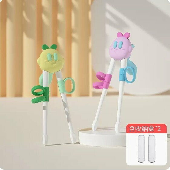 Hot selling (pack of 2 pairs) baby training chopsticks (Kirby pink + Vail green / including 2 storage boxes / finger cot and tiger mouth two-in-one)