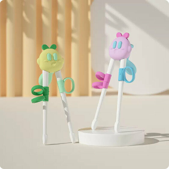 Hot Selling (2 Pairs) Baby Training Chopsticks (Kirby Pink + Vail Green/Finger Cot and Tiger Mouth 2-in-1)