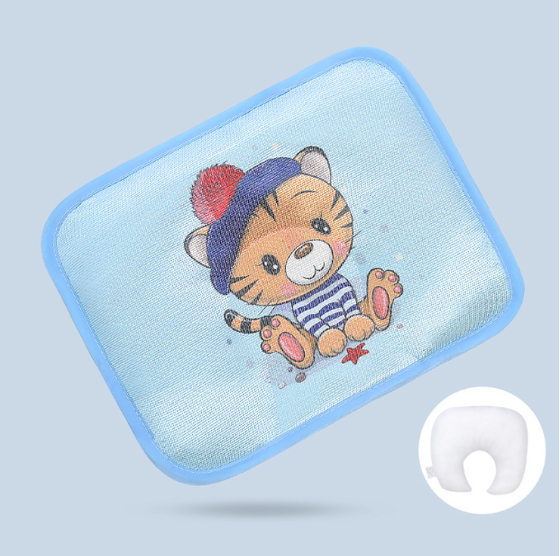 Hot selling baby pillow buckwheat ice silk shaped, sweat-absorbent and breathable (blue happy tiger + bile core, size: 28cm*20cm)