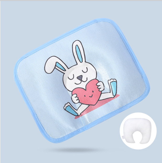 Hot selling baby pillow buckwheat ice silk shaped, sweat-absorbent and breathable (blue love rabbit + extra bile core, size: 28cm*20cm)