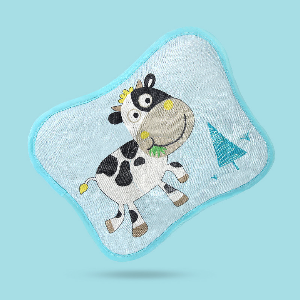 Hot selling baby pillow buckwheat ice silk shaped, sweat-absorbent and breathable (blue cartoon cow (one-piece) size: 28cm*20cm)