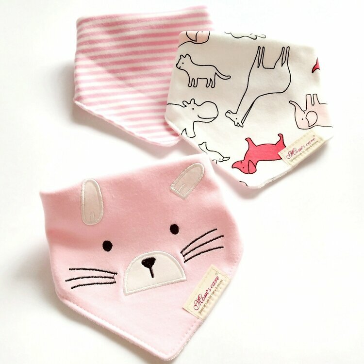新款嬰兒純棉口水巾(粉色貓咪3條裝)