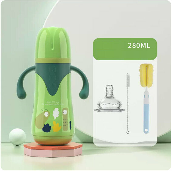 New baby stainless steel insulated feeding bottle (fresh green 280ml+pacifier+cleaning cover)