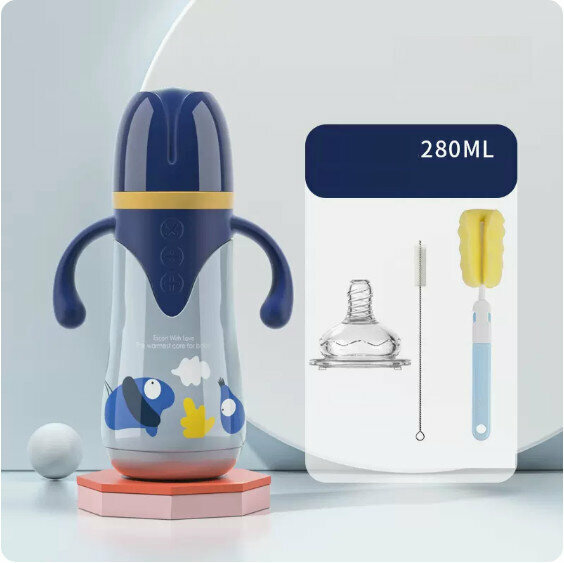 New baby stainless steel insulated feeding bottle (Deep Sea Blue 280ml+Nipple+Cleaning Cover)