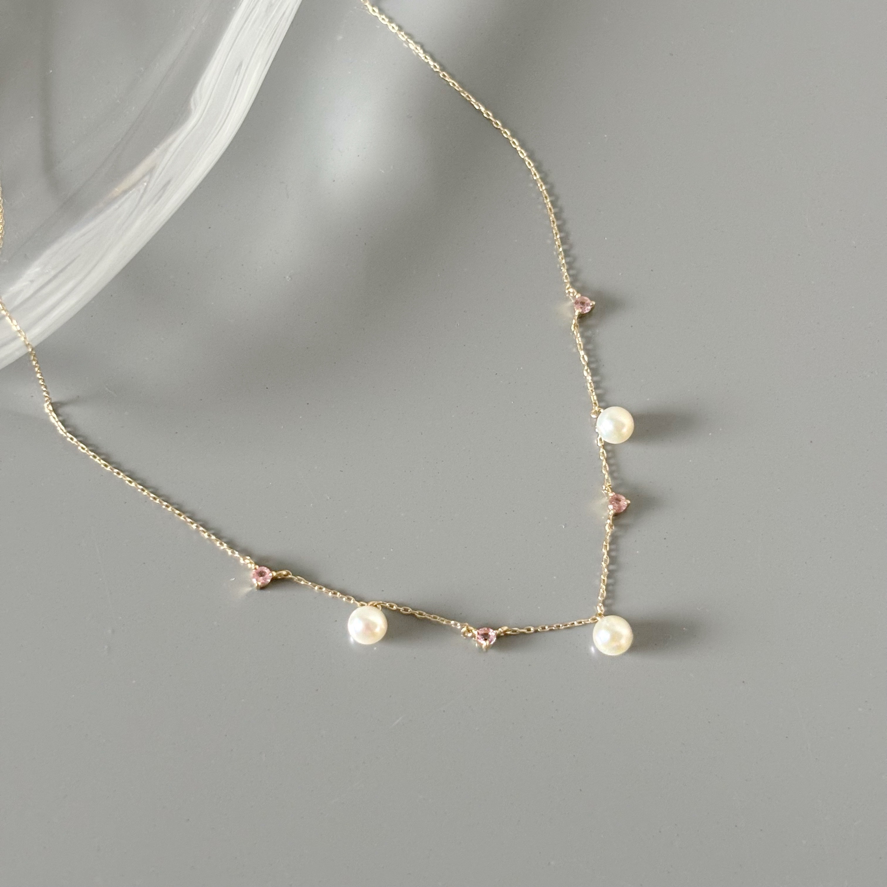 14K Dancing珍珠粉碧璽鎖骨鏈