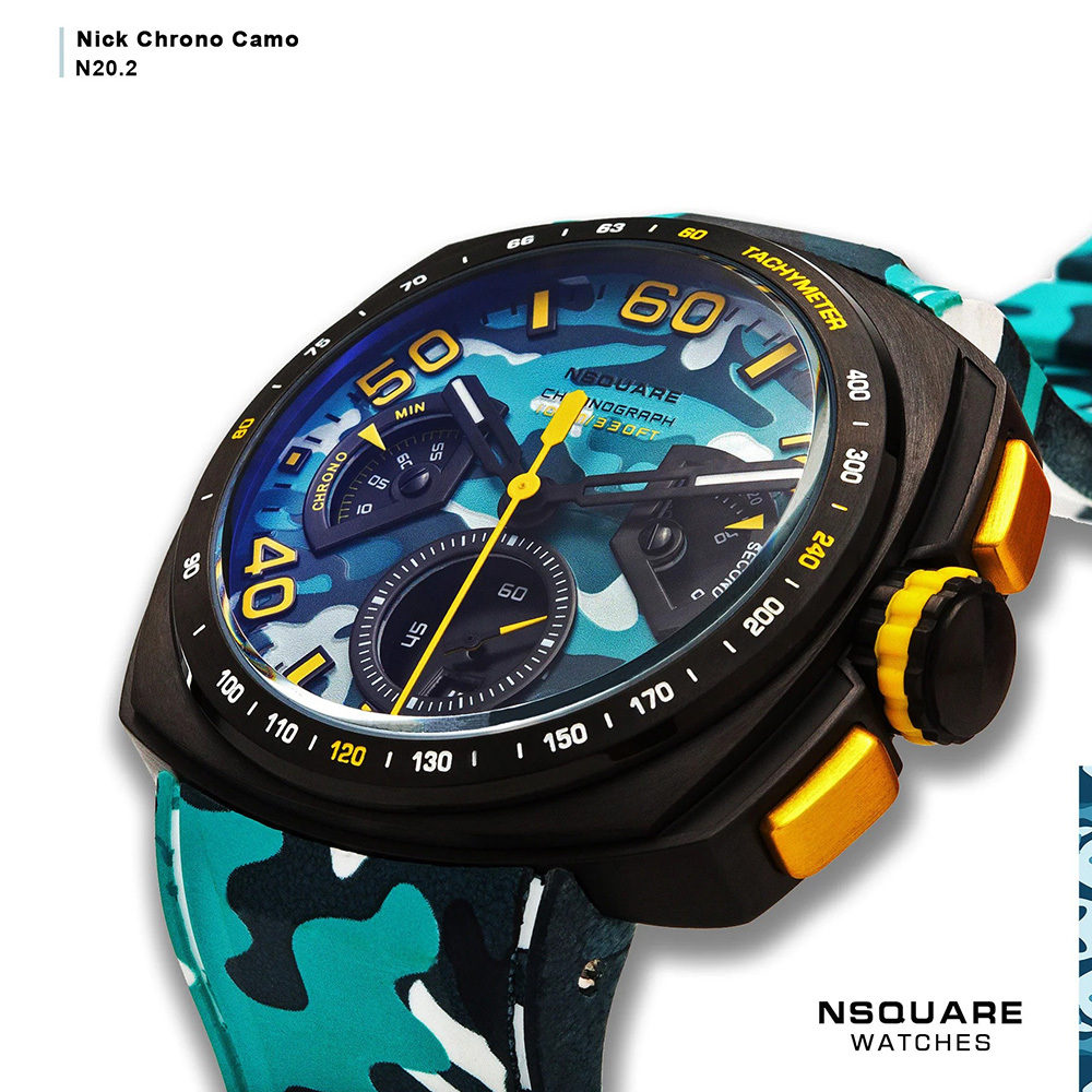 【NSQUARE】NICK CHRONO CAMO迷彩系列 G0369-N20.2 潮水藍 三眼計時 橡膠運動風腕錶 手錶