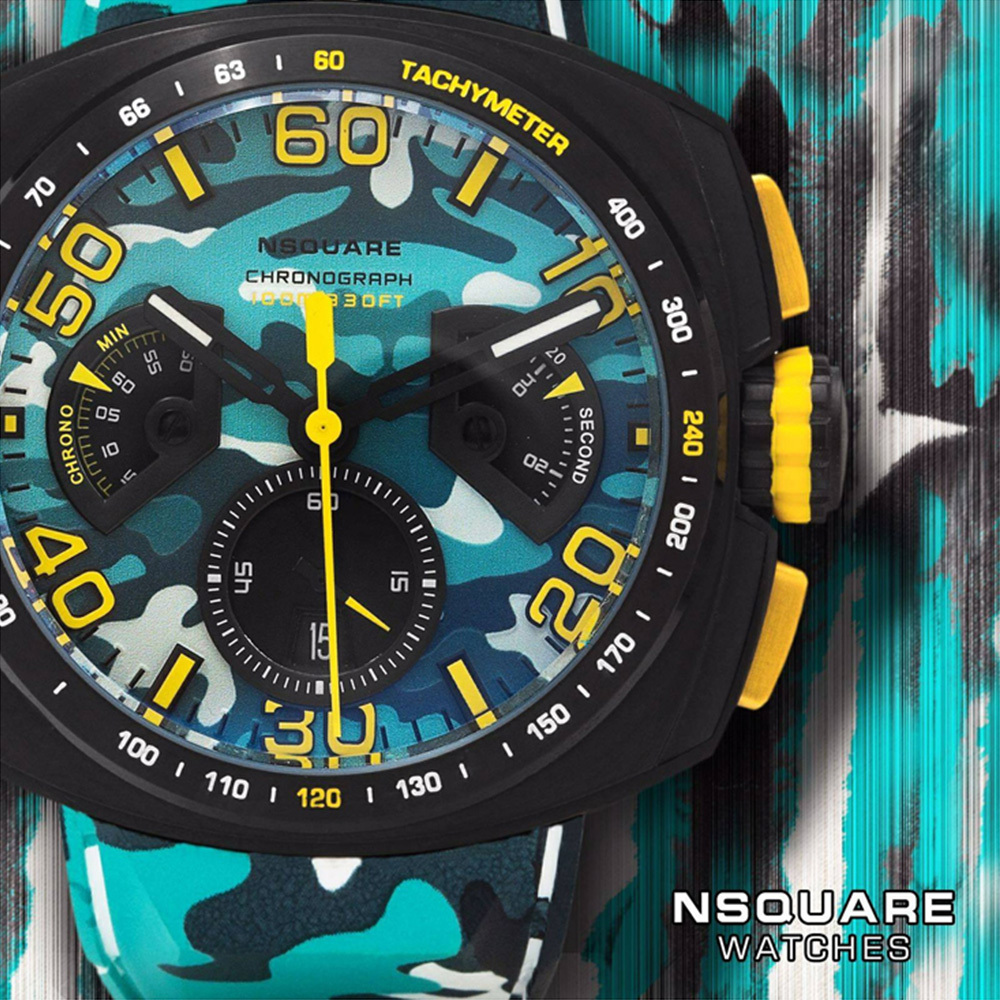 【NSQUARE】NICK CHRONO CAMO迷彩系列 G0369-N20.2 潮水藍 三眼計時 橡膠運動風腕錶 手錶
