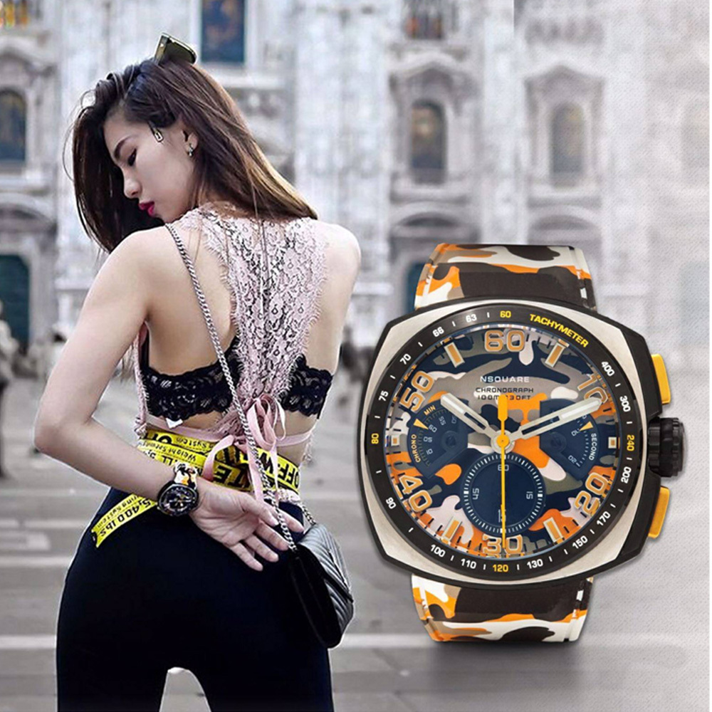 【NSQUARE】NICK CHRONO CAMO迷彩系列 G0369-N20.4 迷彩活力橙橘 橡膠運動風 三眼計時 腕錶 手錶