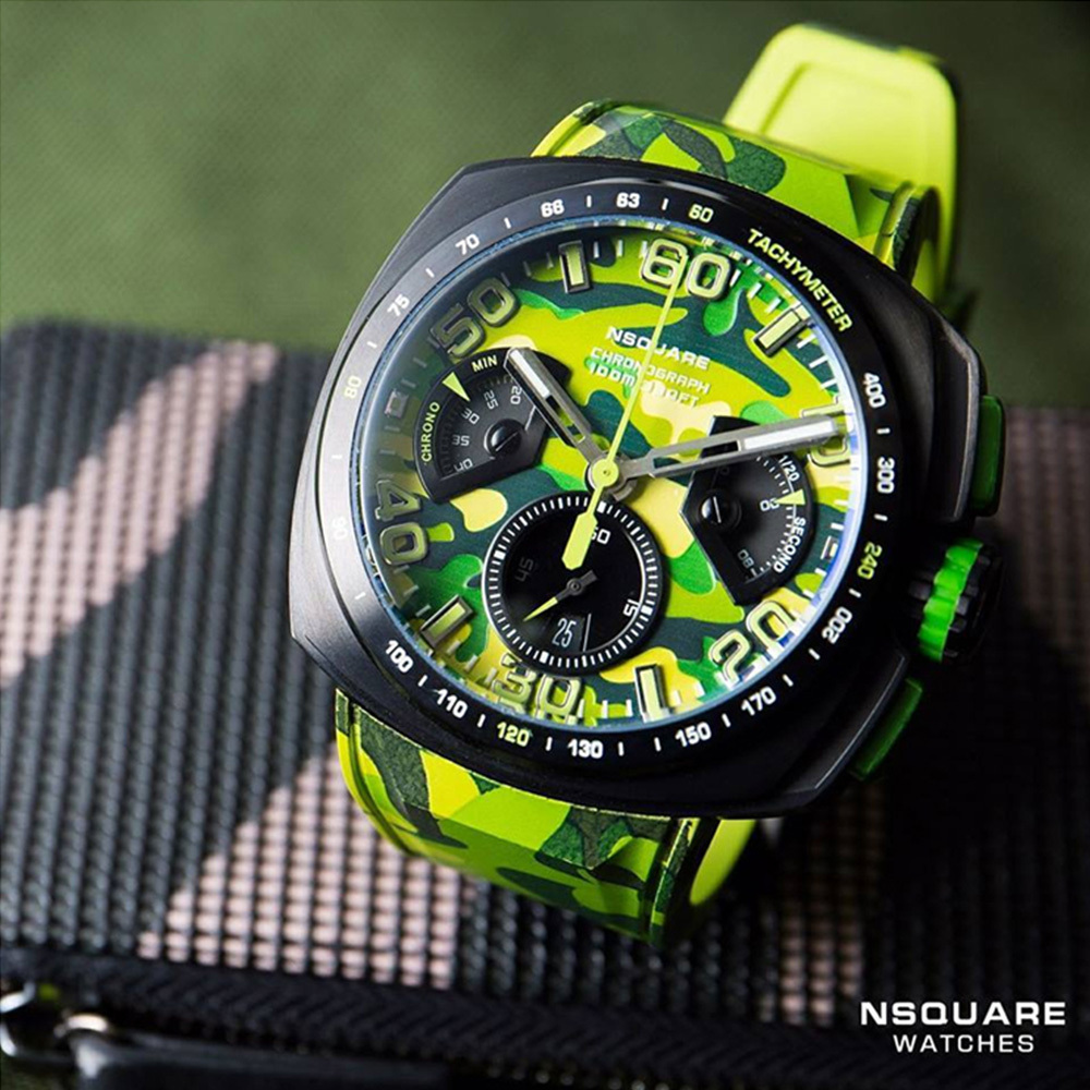 【NSQUARE】NICK CHRONO CAMO迷彩系列 G0369-N20.5 迷彩活力 三眼計時 黃綠橡膠 運動風腕錶 手錶
