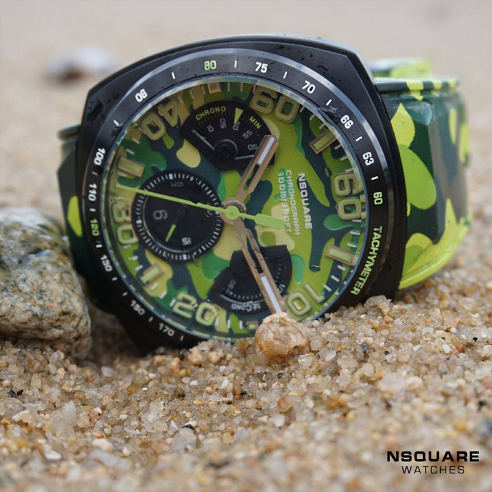 【NSQUARE】NICK CHRONO CAMO迷彩系列 迷彩活力 三眼計時 綠橡膠 運動風 G0369-N20.5