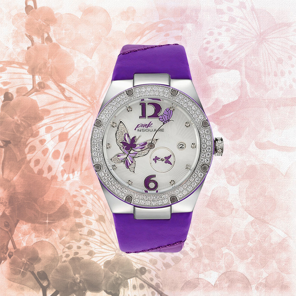 (預購)【NSQUARE】Gracefully蝴蝶系列 L0519-NP01.1 青蓮紫 優雅貝母施華洛世奇水鑽真皮 機械錶 手錶