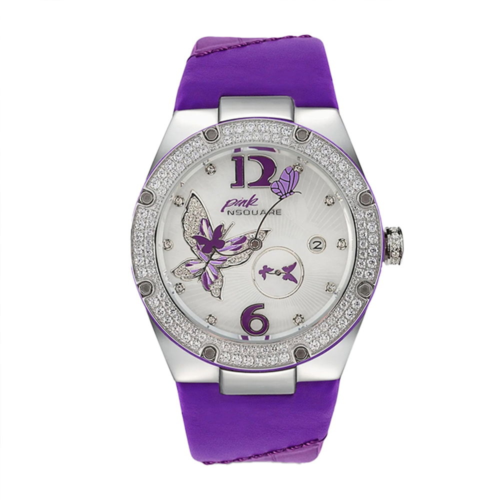 (預購)【NSQUARE】Gracefully蝴蝶系列 L0519-NP01.1 青蓮紫 優雅貝母施華洛世奇水鑽真皮 機械錶 手錶