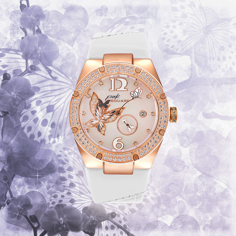 (預購)【NSQUARE】Gracefully蝴蝶系列 L0519-NP01.2 雪藏白 優雅貝母施華洛世奇水鑽真皮 機械錶 手錶