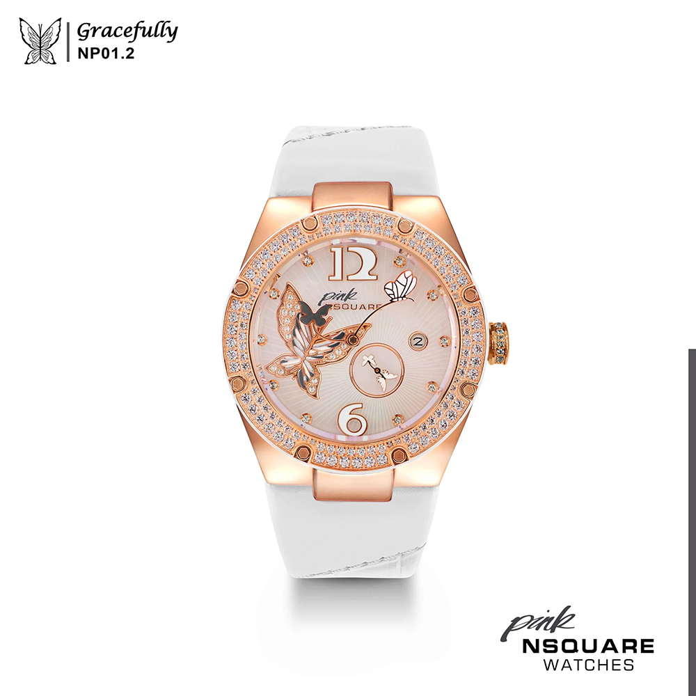 (預購)【NSQUARE】Gracefully蝴蝶系列 L0519-NP01.2 雪藏白 優雅貝母施華洛世奇水鑽真皮 機械錶 手錶
