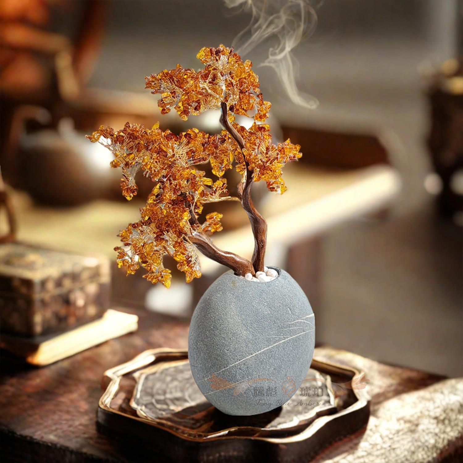 (已結緣)騰彪琥珀 天然琥珀 手作精工 金燦招財樹E款 居家辦公 風水擺件