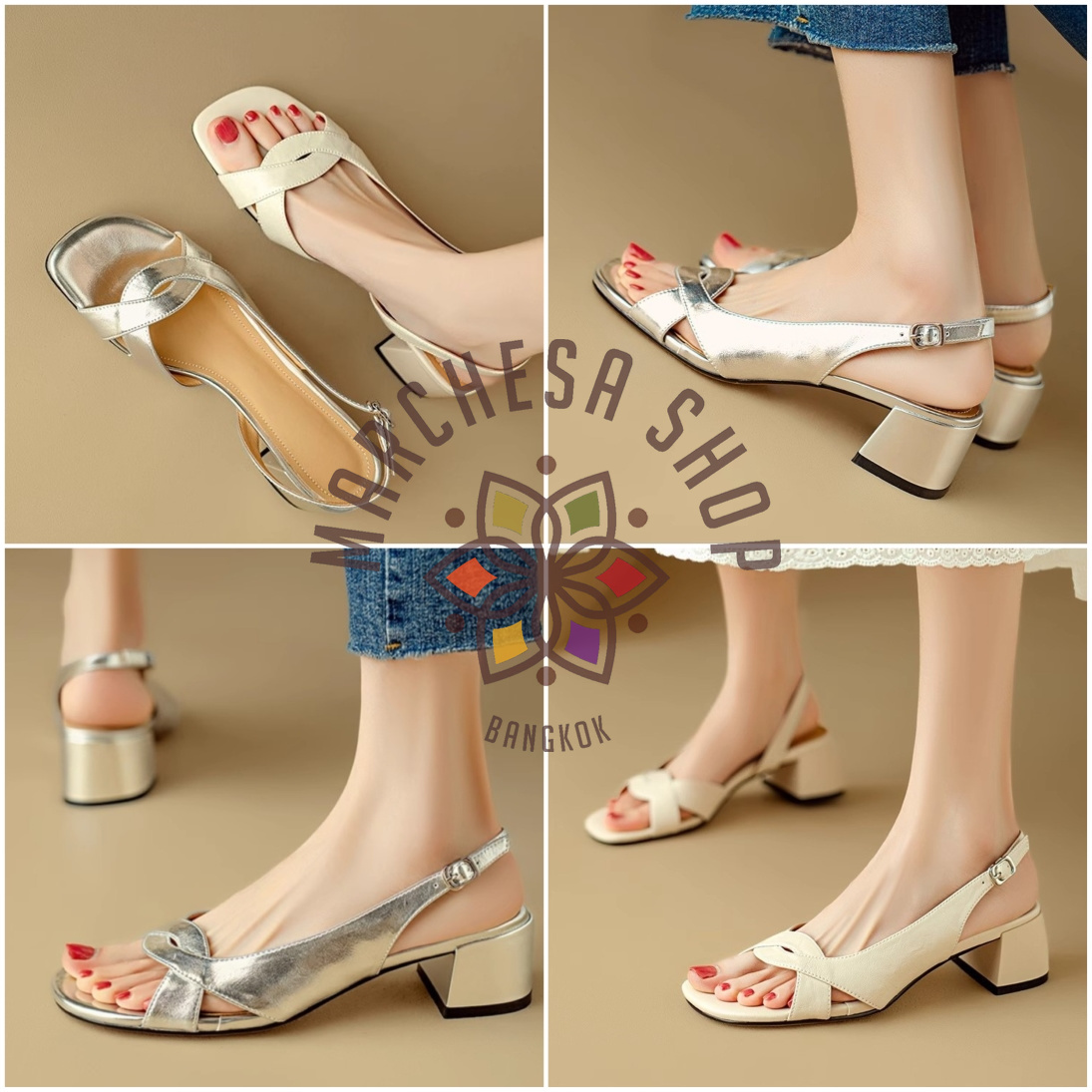 S3155 - 真皮羊皮交疊方頭高踭涼鞋