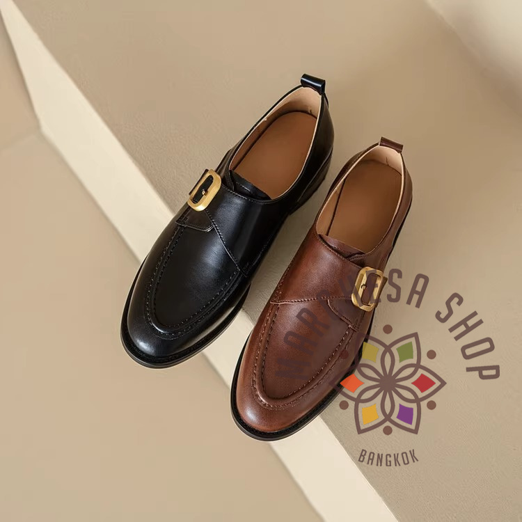 S3156 - 全真皮羊皮車綫一字扣圓頭平底休閒鞋