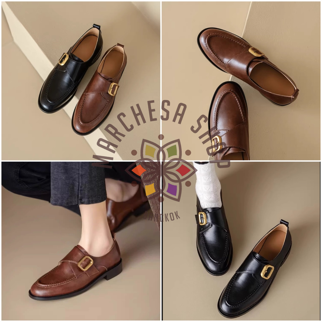 S3156 - 全真皮羊皮車綫一字扣圓頭平底休閒鞋