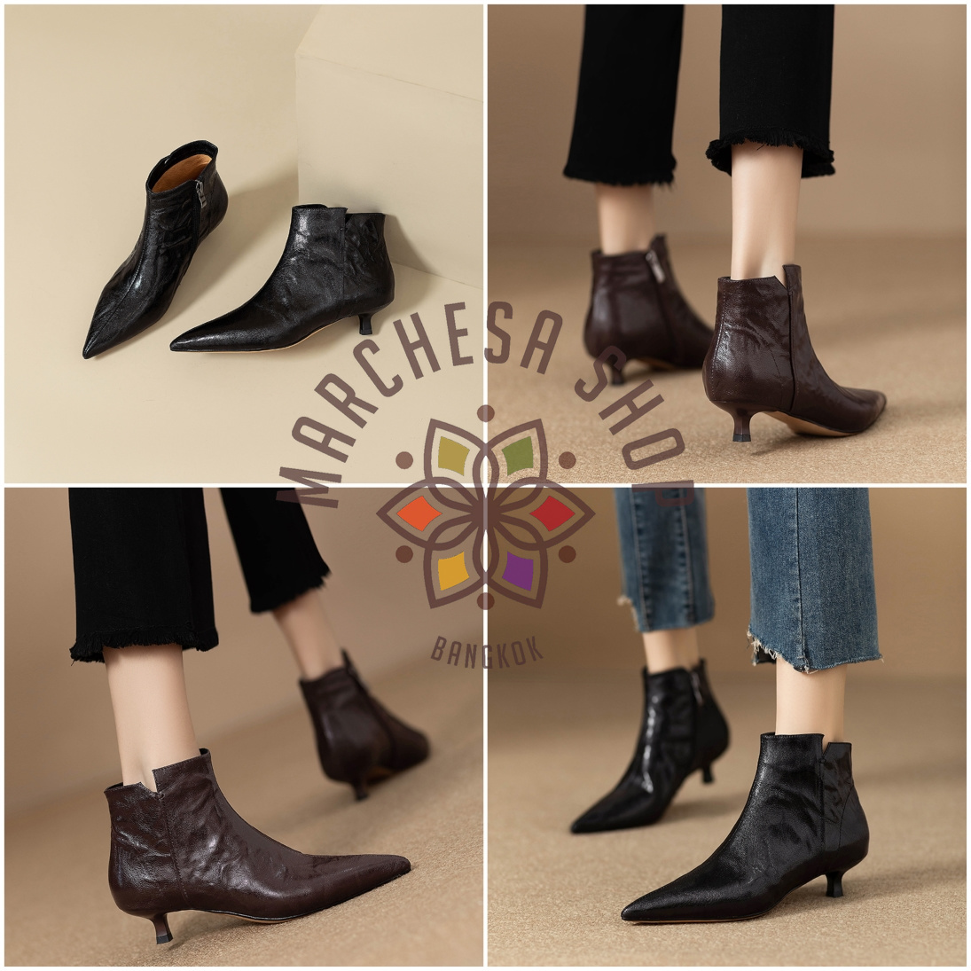 S3158 - 純色純頭層牛皮側小V口低踭踝靴